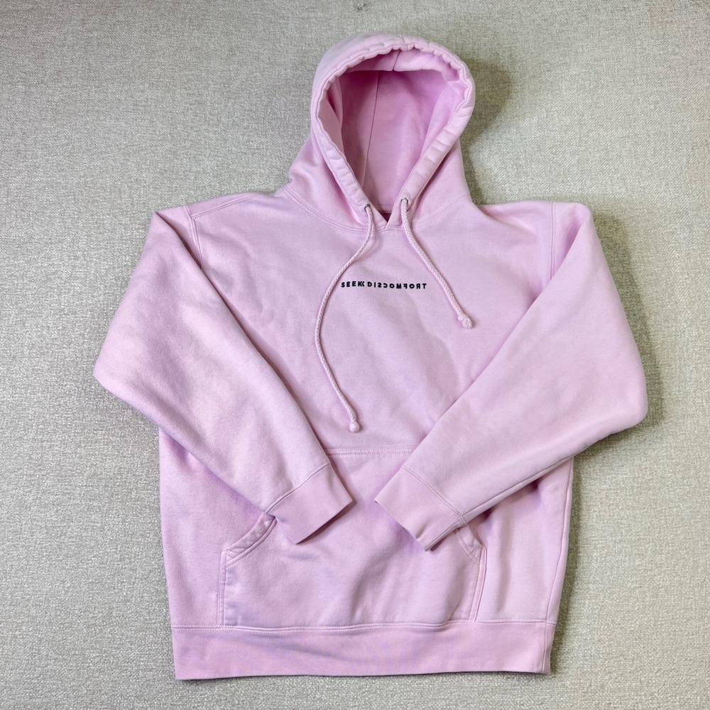 Seek Discomfort Pink Embroidered Logo Pullover Hoodie Men M Sweatshirt Love Fear